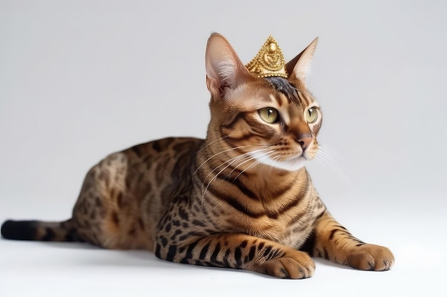 Bellissimo gatto del Bengala in corona d'oro su sfondo bianco IA generativa