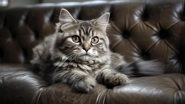 Bellissimo gatto grigio sdraiato su una sedia morbida Gatto domestico a pelo lungo su un divano IA generativa