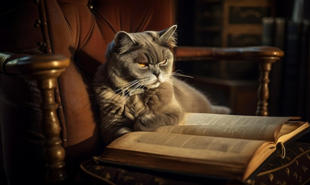 Bellissimo gatto grigio soffice si trova vicino al grande libro Felino saggio in una sedia morbida vecchio stile IA generativa