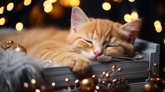 Bellissimo gatto in un cappello rosso di Babbo Natale che giace in un cesto di Natale su uno sfondo bianco con luci bokeh