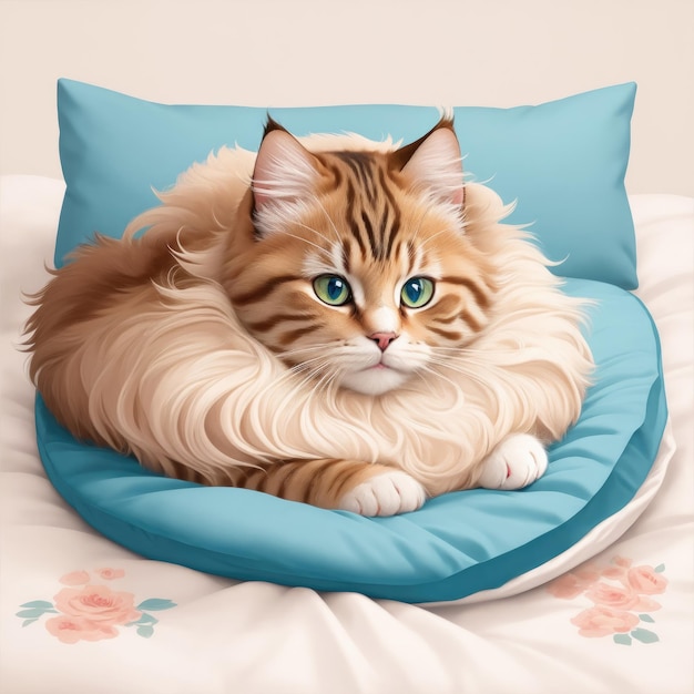 Bellissimo gatto soffice nel letto illustrazione di alta qualità ai generativo