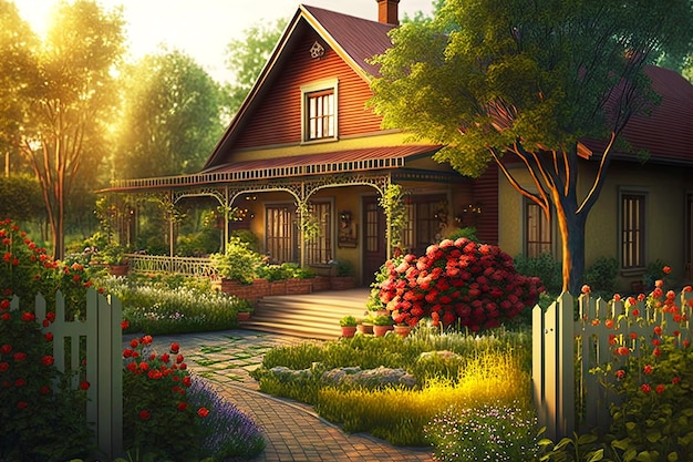 Bellissimo giardino attrezzato in casa di campagna con accogliente esterno della casa