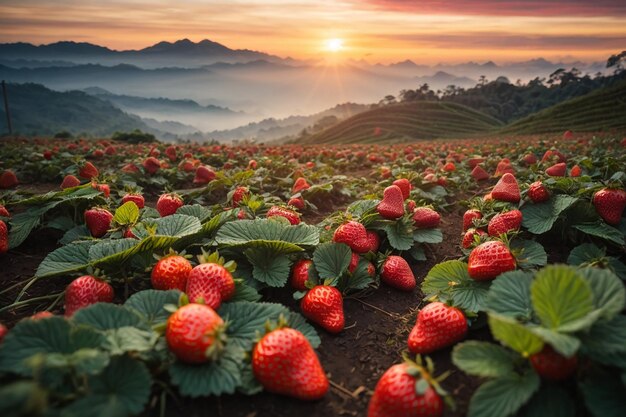 Bellissimo giardino di fragole e alba su doi ang khang chiang mai tailandia