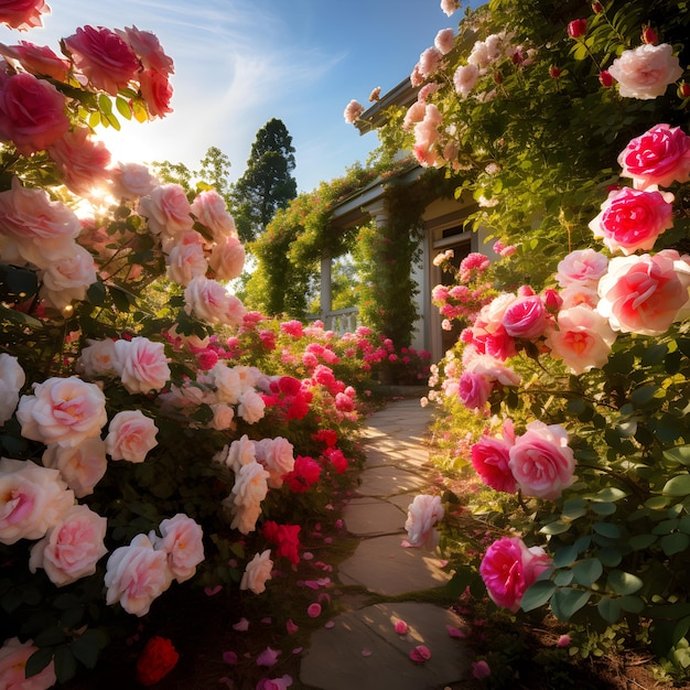 Bellissimo giardino di rose con un sentiero a piedi sullo sfondo sfocato AI Generato