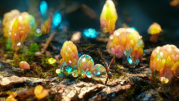 Bellissimo giardino floreale di diamanti naturali con goccia d'acqua su foglia