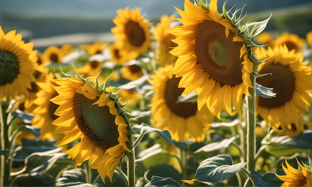 bellissimo girasole con foglie verdi