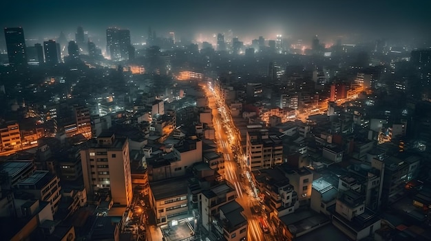 Bellissimo grattacielo della città metropolitana grattacielo nel cielo notturno vita notturna nebbiosa paesaggio nebbioso della città