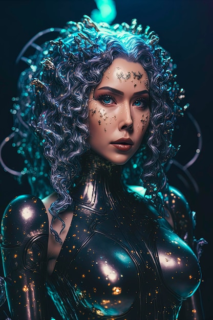 Bellissimo gril con i capelli blu cyberpunk cg società retrofuturismo futuristico