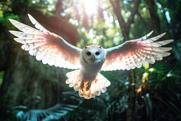 bellissimo gufo bianco che vola con le ali battenti nella colorata foresta tropicale