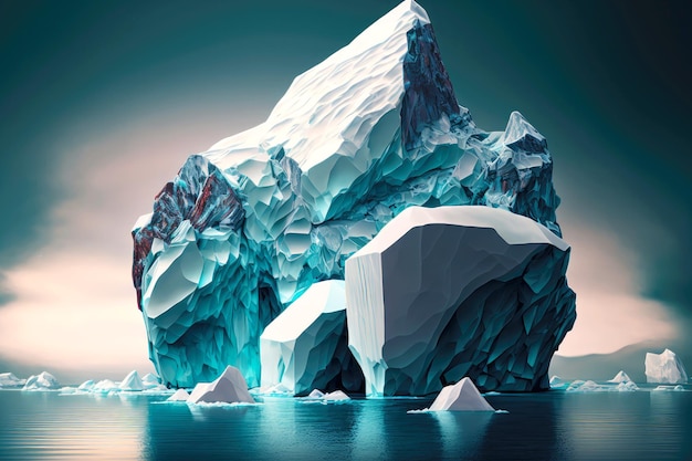 Bellissimo iceberg galleggiante con piccoli banchi di ghiaccio intorno nell'oceano infinito