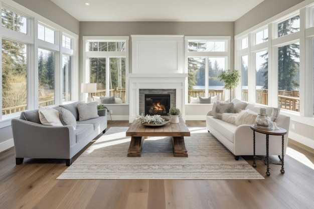 Bellissimo interno del soggiorno con pavimenti in legno e camino in una nuova casa di lusso
