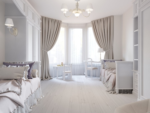 Bellissimo interno del soggiorno con pavimenti in legno e grande divano ad angolo colore viola in una nuova casa di lusso. Stile contemporaneo. rendering 3D.