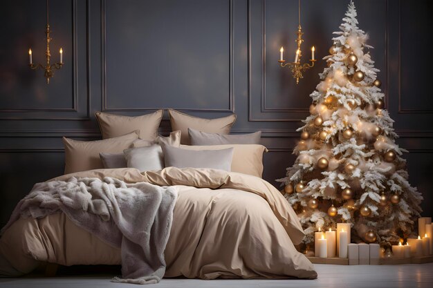 Bellissimo interno della camera da letto con ghirlanda di luci di Natale e letto bianco