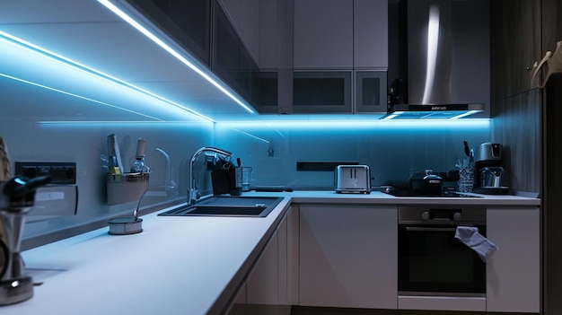 Bellissimo interno della cucina moderna con luce a striscia luminosa su Generative Ai