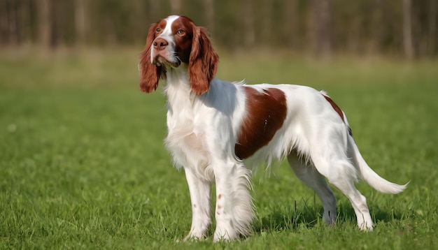 Bellissimo Irish Red and White Setter cane stand cane razza prato verde vicino alla foresta