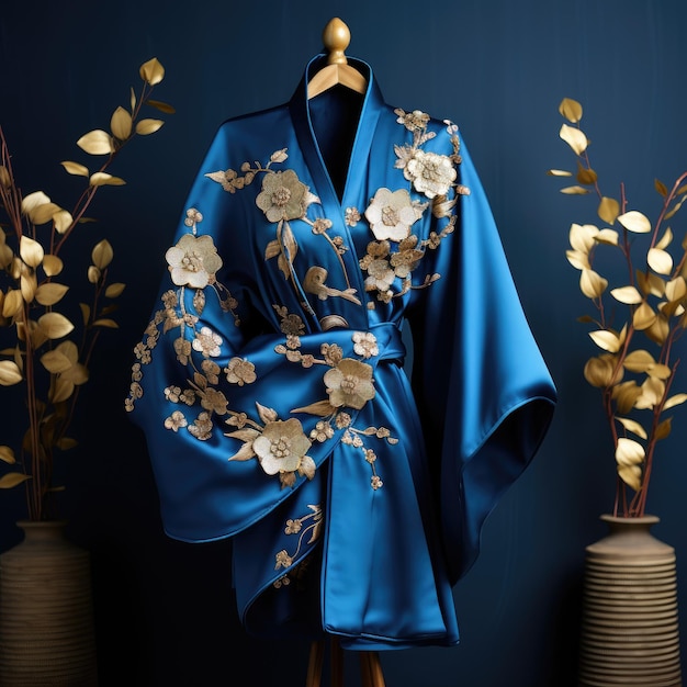 Bellissimo kimono regalo dal design super artistico in seta blu satinata cinese
