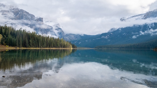 Bellissimo lago alpino che riflette la foresta e le montagne circostanti