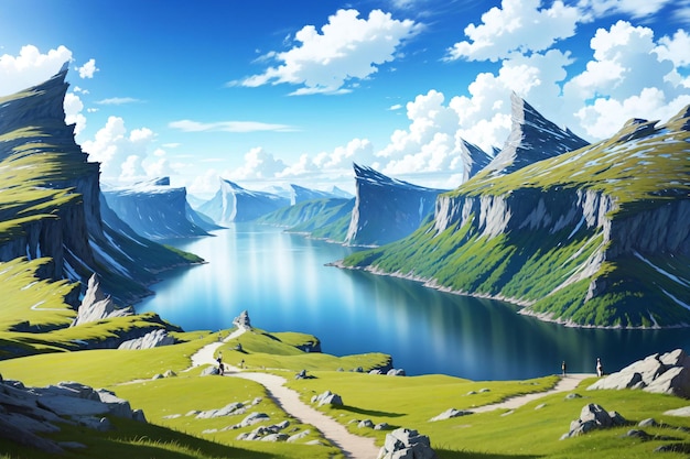 bellissimo lago con montagne intorno