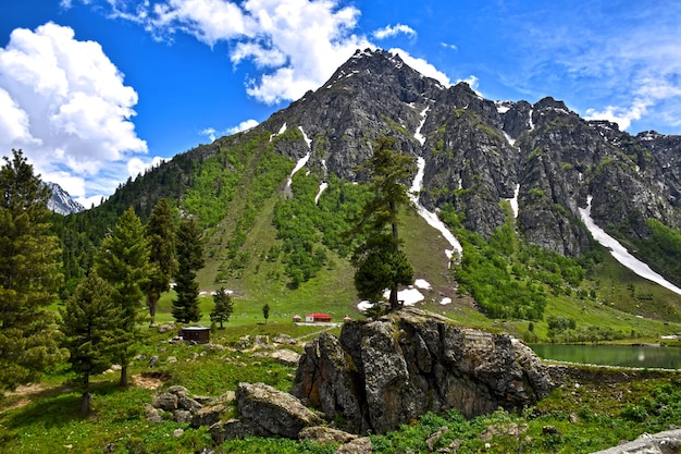 Bellissimo lago con un verde lussureggiante e Snowy Hill