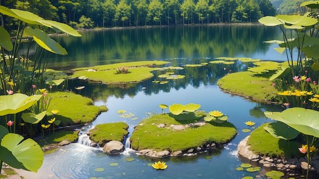 Bellissimo lago di loto con rilassante scena naturale per lo sfondo del desktop