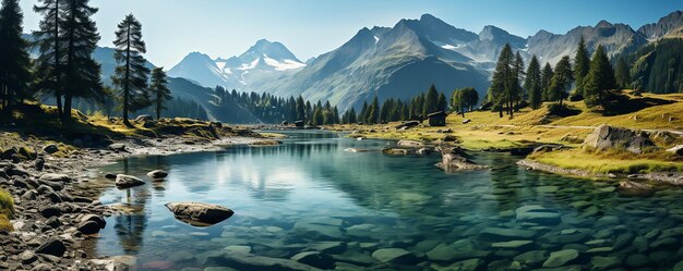 Bellissimo lago di montagna circondato da alberi e montagne in paesaggi estivi natura autunnale