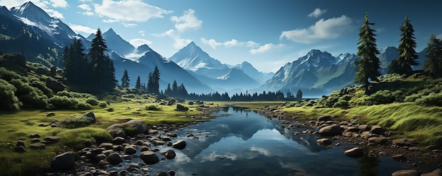 Bellissimo lago di montagna circondato da alberi e montagne in paesaggi estivi natura autunnale