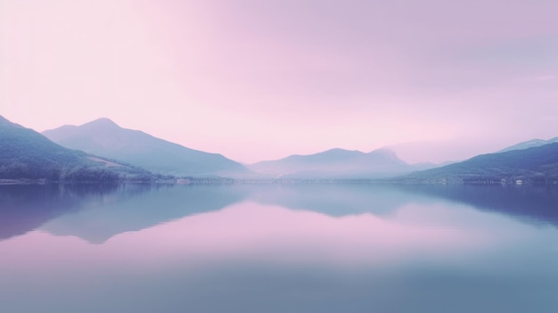Bellissimo lago di montagna e ambiente naturale sullo sfondo del mattino Illuminazione d'atmosfera tranquilla al tramonto rosa viola in uno scenario panoramico montuoso e naturale in riva al lago Pittoresca intelligenza artificiale generativa