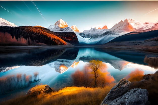 Bellissimo lago di montagna nella foresta autunnale autunno bonito alberi lato lago spiaggia acqua montagne riflessione paesaggio sfondo HD