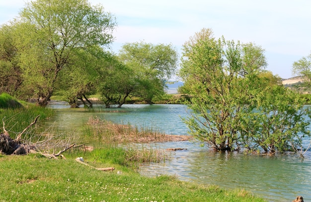 Bellissimo lago e montagne di rocce primaverili dietro (Crimea, Ucraina)