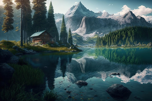 Bellissimo lago fotorealistico vicino a una montagna con un bellissimo ambiente naturale