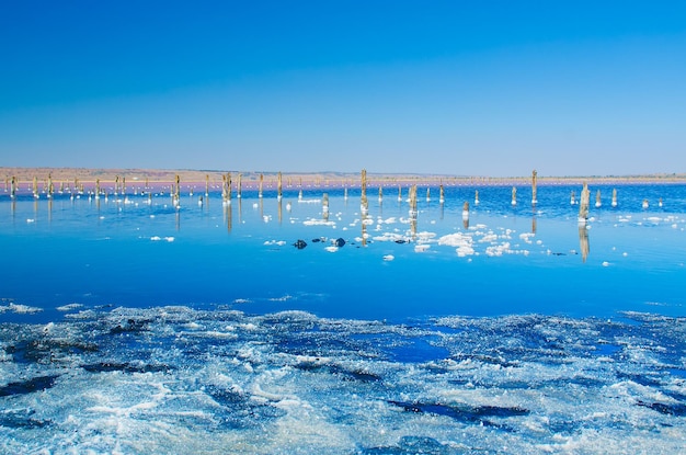 Bellissimo lago salato con acqua blu e rosa e pali di legno paesaggio naturale sfondo incredibile