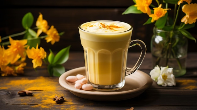 Bellissimo latte di curcuma su un tavolo di legno con primavera