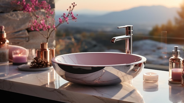 Bellissimo lavabo in marmo di colore rosa con presentazione del prodotto rubinetto