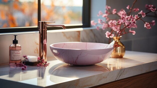 Bellissimo lavabo in marmo di colore rosa con presentazione del prodotto rubinetto