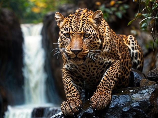 Bellissimo leopardo sullo sfondo di una cascata