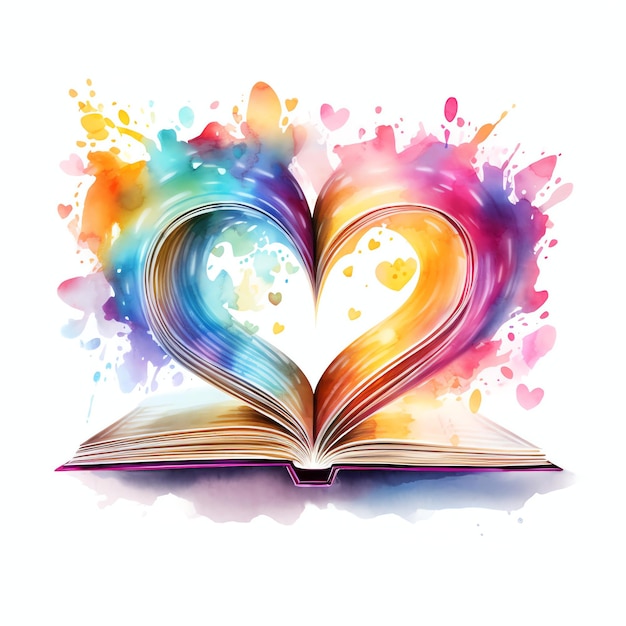 bellissimo libro aperto con un cuore disegnato sulla pagina acquerello clipart illustrazione