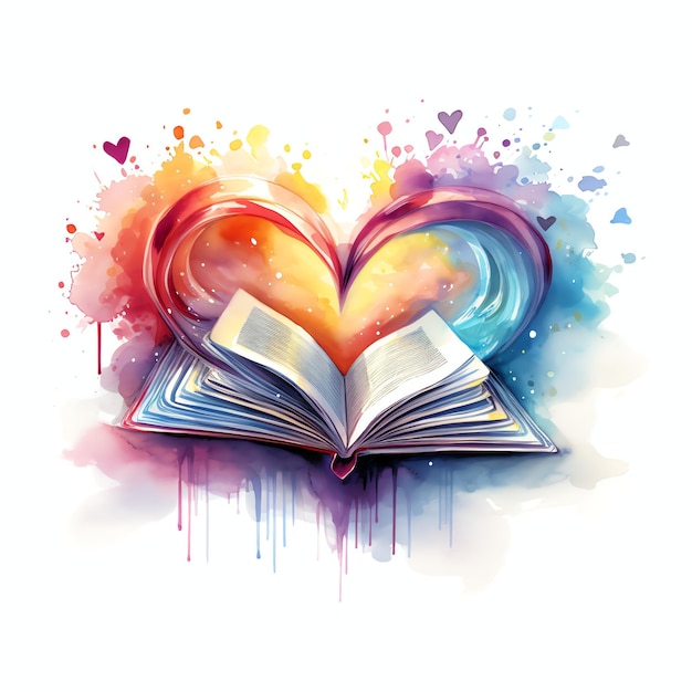 bellissimo libro aperto con un cuore disegnato sulla pagina acquerello clipart illustrazione