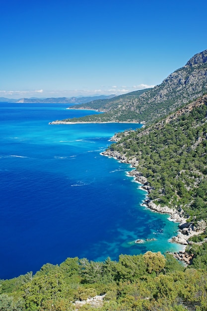 Bellissimo litorale con acqua blu nel Mar Mediterraneo in Turchia