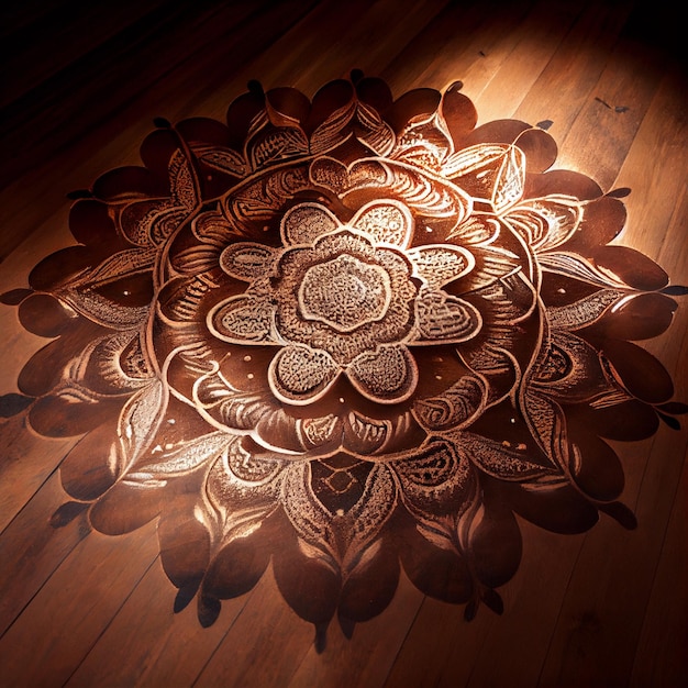 Bellissimo mandala di sabbia su pavimento in legno mandala di polvere