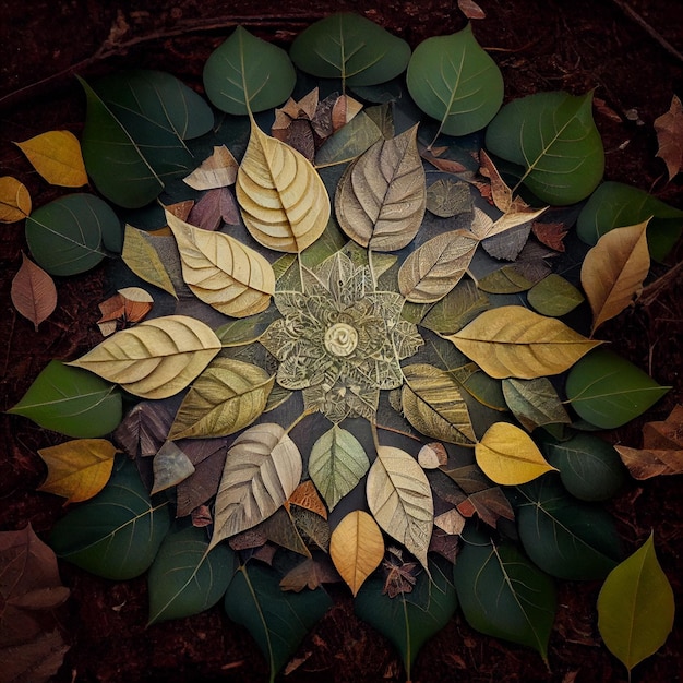 Bellissimo mandala fatto di foglie e piante rendering 3d