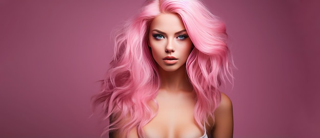 Bellissimo modello con capelli rosa per la pubblicità Copia spazio per il testo Ai generativo