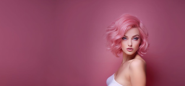 Bellissimo modello con capelli rosa per la pubblicità Copia spazio per il testo Ai generativo