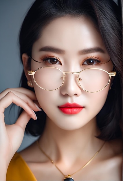 Bellissimo modello coreano con occhiali e vestito alla moda