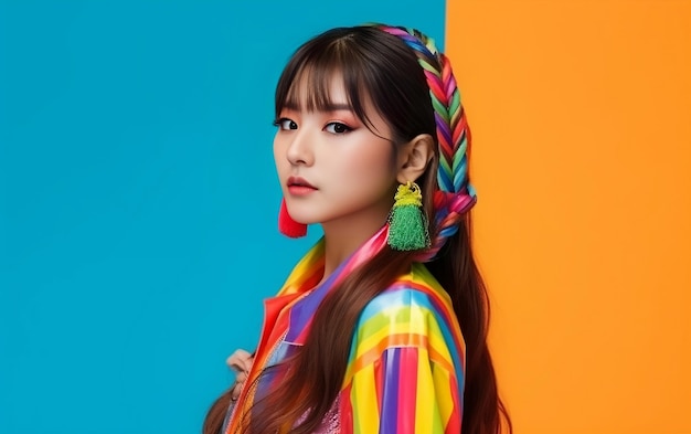 Bellissimo modello femminile South Koren con abito e sfondo dai colori vivaci
