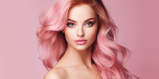 Bellissimo modello pubblicizza il colore dei capelli rosa In piedi contro il muro