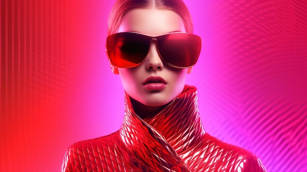 Bellissimo modello su sfondo magenta luce al neon in stile futuristico per poster banner AI generato