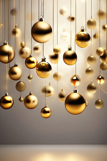 Bellissimo nuovo anno widescreen sfocato sullo sfondo con palle d'oro e luci di Natale