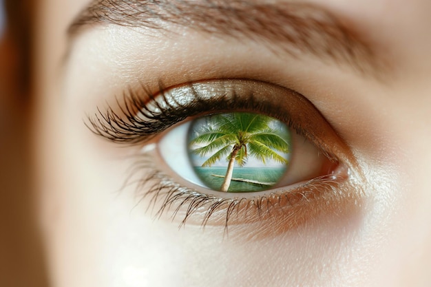 bellissimo occhio femminile da vicino con una palma verde nella pupilla dell'occhio il concetto di ricreazione e viaggio l'industria turistica aspetti psicologici