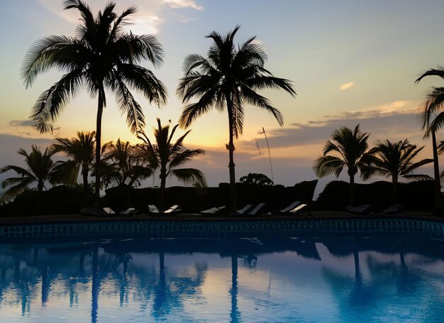 Bellissimo ombrellone e sedia di lusso intorno alla piscina all'aperto in hotel e resort con palme da cocco in vacanza cielo blu e concetto di vacanza