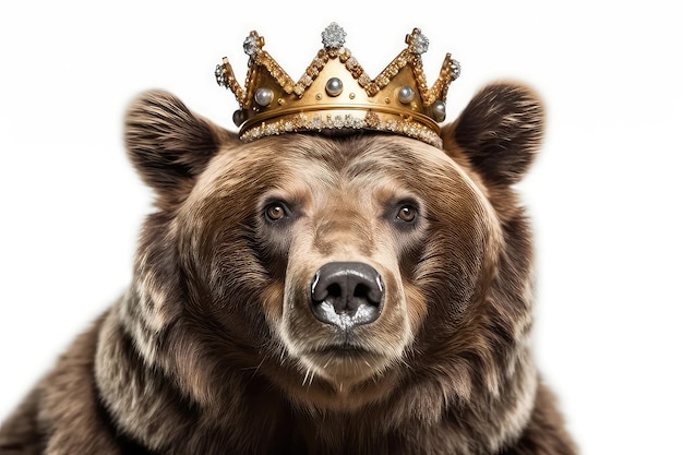 Bellissimo orso grizzly in corona d'oro su sfondo bianco IA generativa